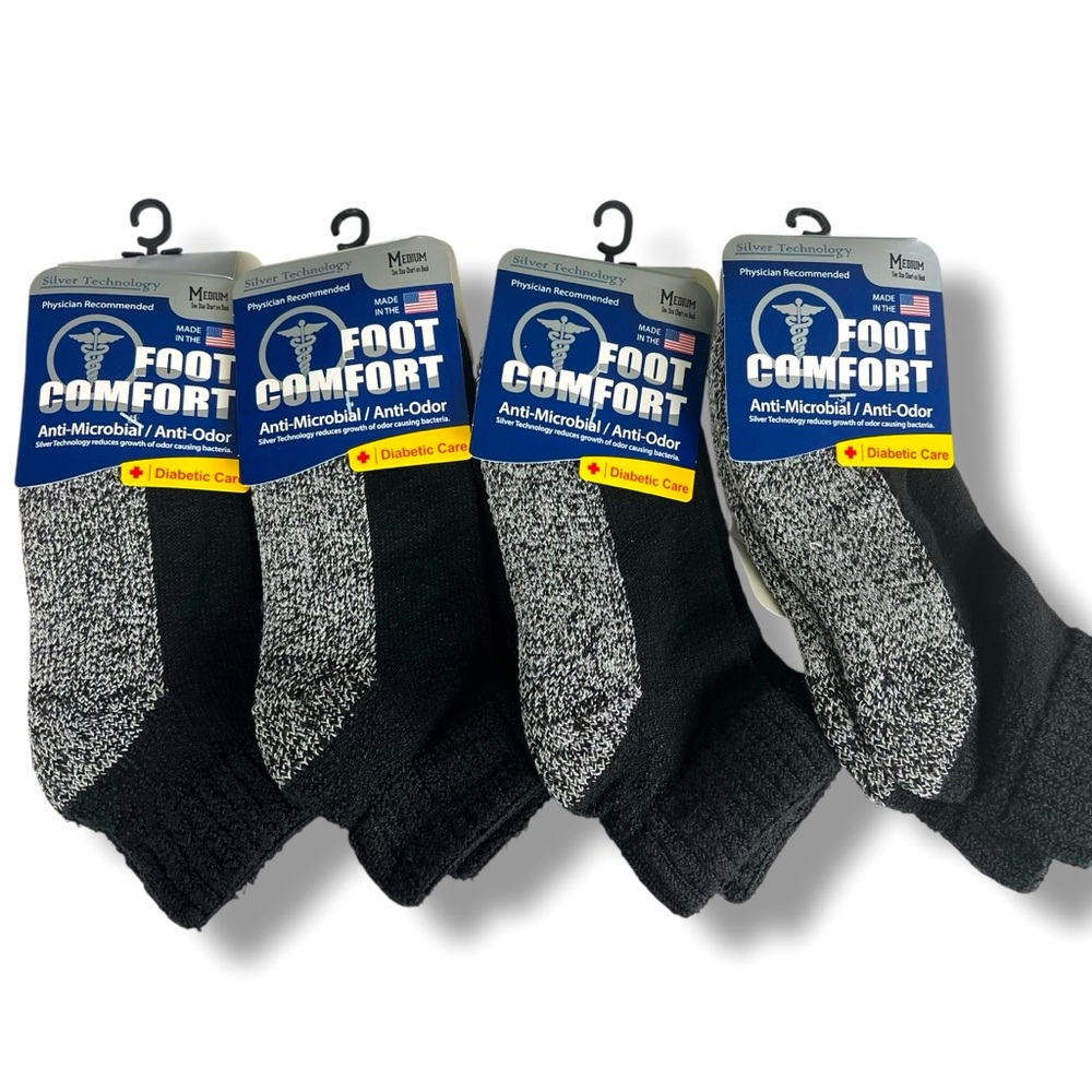 Foot Comfort Mens Size M 4.5-8 Black Gray Quarter Diabetic Socks USA Made 4 Pair